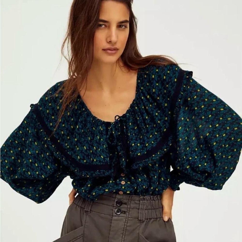 Free People Free Poet blouse in a green floral print. Never worn. NWOT.